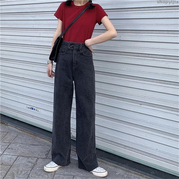 

new women wide leg pants streetwear jeans solid full-length trousers loose high waist black fresh grey denim stylish, Blue