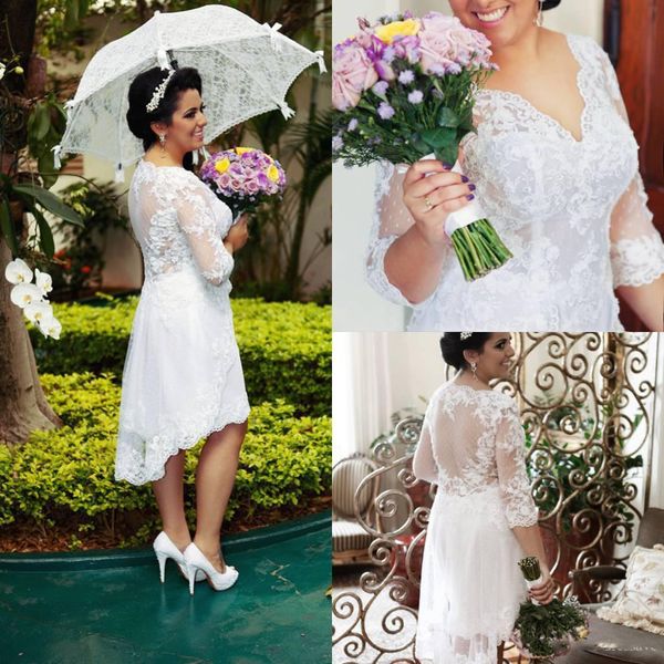Vestidos de noiva com baixo teor de alto tamanho de tamanho alto 3 4 Apliques de renda em decote em V GOWNS CURTOS CUNDADOS