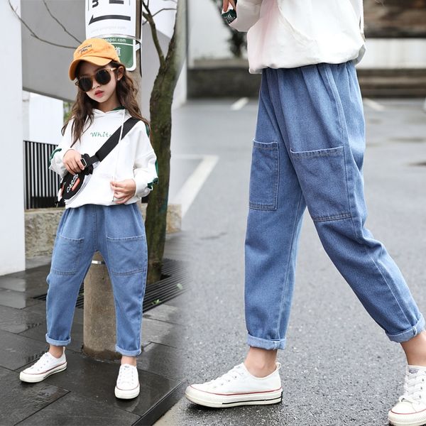 

children's autumn casual pants and jeans and trousers midi children's pocket loose jeans girls' casual trousers stylish pants, Blue