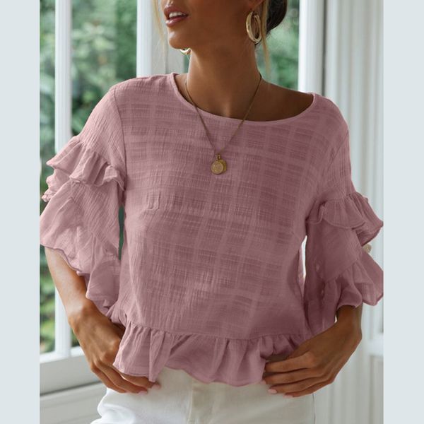 

women's casual solid color o-neck shirt trumpet sleeves ruffled shirt blouse et chemisier femme coton women's tunic t shirts, White