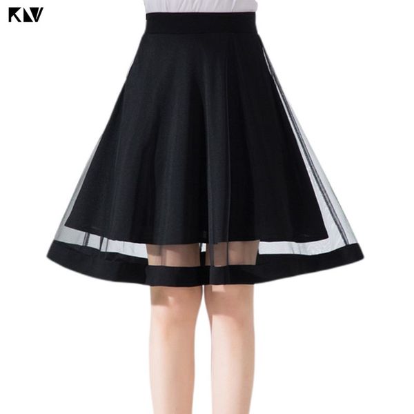 

klv summer high waist pleated swing knee length tutu skirt sheer mesh patchwork solid black color lined dance party petticoat