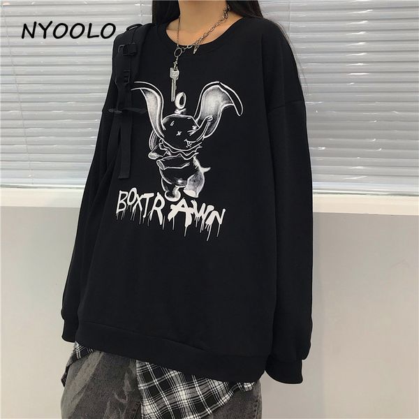 

nyoolo harajuku style playful elephant letters print hoodies autumn streetwear long sleeve o-neck pullovers sweatshirt women men, Black