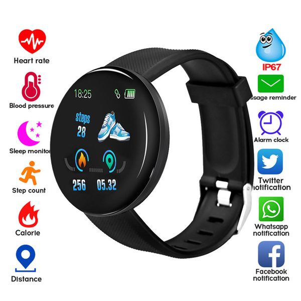 

d18 smart watch men women blood pressure round waterproof sport smart watch fitness tracker for android system
