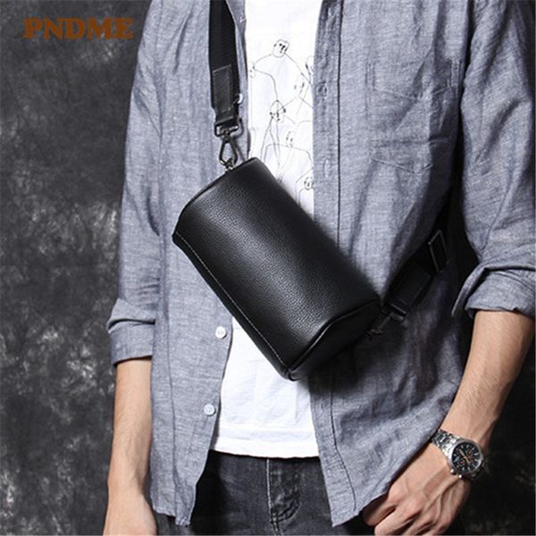 

pndme fashion casual genuine leather men's small chest bag cowhide outdoor daily weekend light shoulder crossbody bucket bags