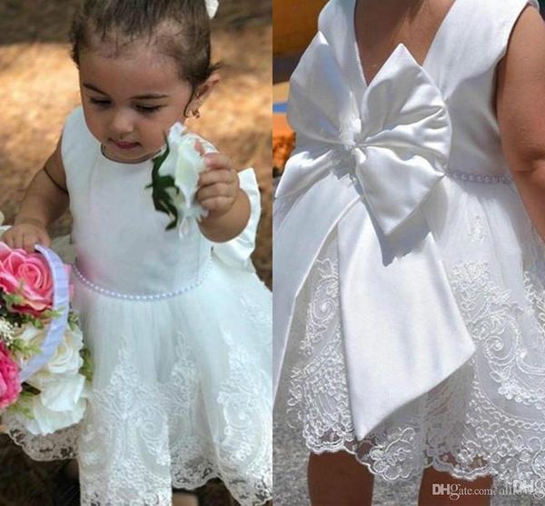 

2020 satin bow cute flower girl dresses lace knee length jewel neck short little girl first communion dress formal pageant gown al4776, White;blue