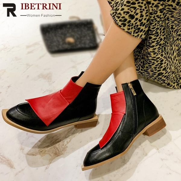 

ribetrini spring new mixed-color real leather shoes woman cool street ankle platform boots women casual low heel boots, Black