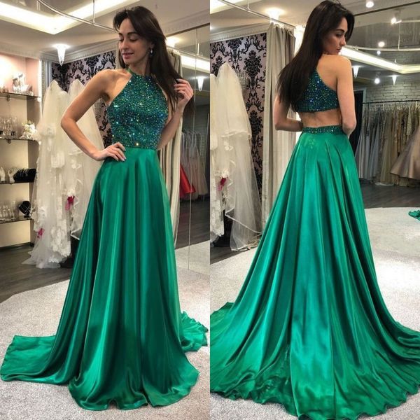 

sparkly halter neck green beaded prom dresses zipper back sleeveless sweep train satin special occasion dresses custom made abendkleider, Black