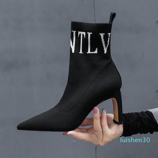 

2020 newblack stretch sock shoes ankle for women high heel winter luxury shoes women designers booties woman l30, Black