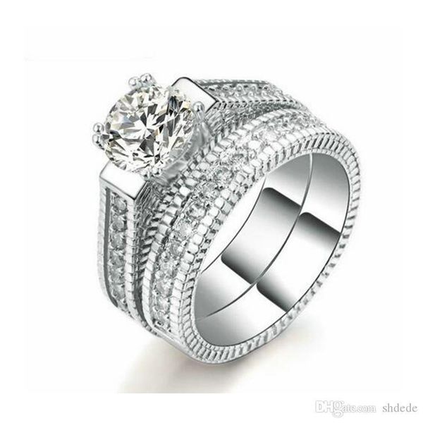

серебряный цвет роскошный 2 раундов bijoux мода обручальное кольцо set цирконий ювелирные изделия для женщин, chirstmas подарок, Silver