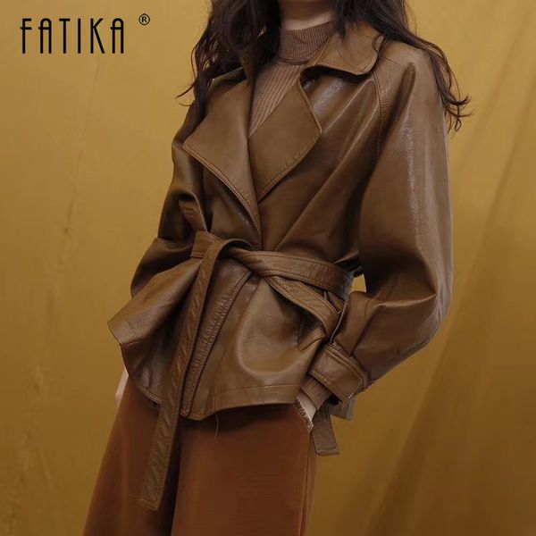 

fatika 2019 spring autumn women vintage faux leather jackets and coats solid loose motorcycle pu jacket outwear with sashes, Black;brown