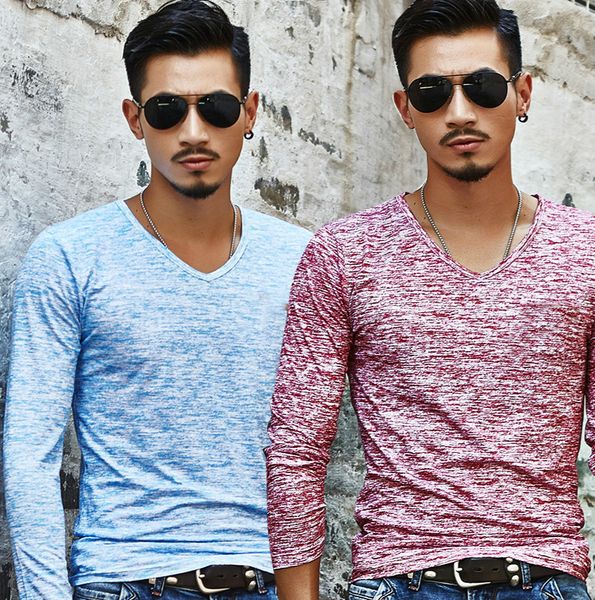 

new fashion men spring autumn brand sheath long sleeve tshirt men trend v-neck t-shirt casual slim korean t shirt plus size, White;black