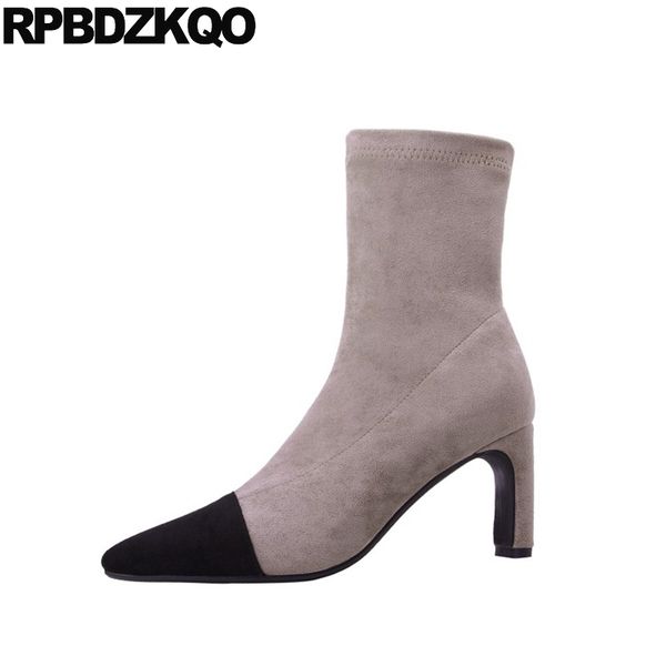 

chunky pointed toe short ladies shoes women 2019 high heel winter fur boots pointy suede fall ankle block gray, Black