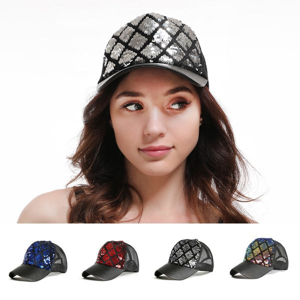 

liva girl sequins shine glitter ponytail plaid baseball cap women snapback hip hop caps summer hats mesh outdoor hat bone a6, Blue;gray