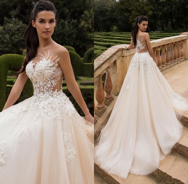 

Milla Nova A-Line Jewel Plus Size Wedding Dresses Bridal Gowns Illusion Sheer Neck 3D-Floral Appliques Sweep Train Country Wedding Dress