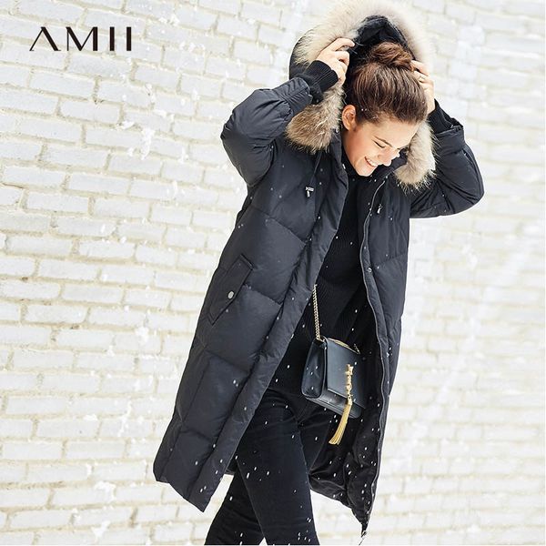 

amii minimalist 90% white down long jackets women winter 2018 casual solid raccoon fur collar plus size female down coat parkas, Black