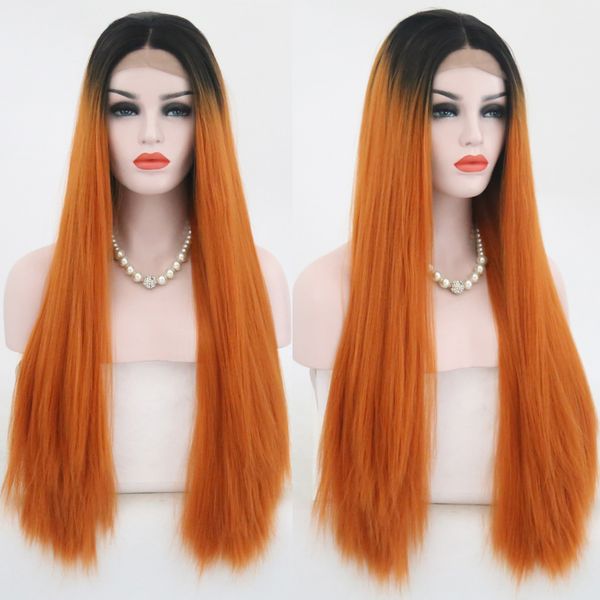 Fashion Long Ombre Orange Wig Black Root Heat Resistant Hair