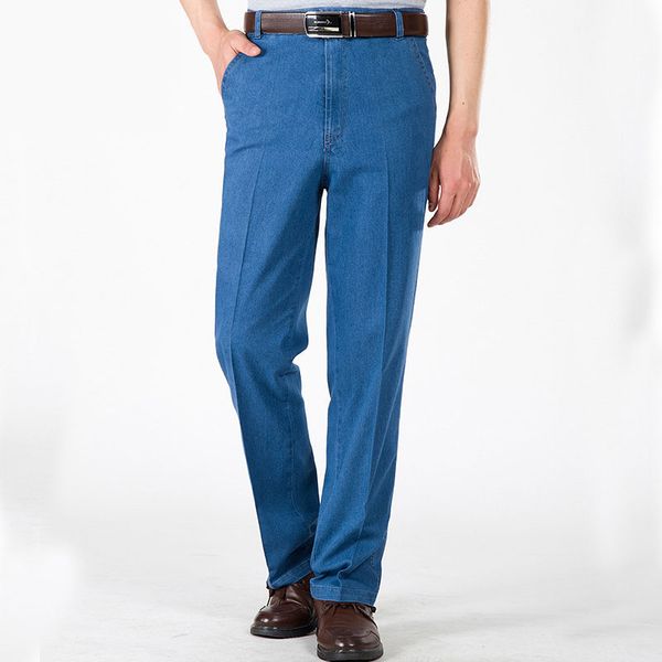 

2019 mens blue denim pants classic straight man long trousers baggy stretch male biker jeans with high waist loose size 31-40