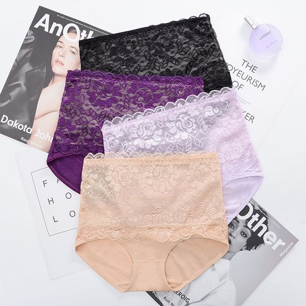 

women's lace panties seamless cotton breathable panties openwork briefs girls underwear 4pcs, Black;pink