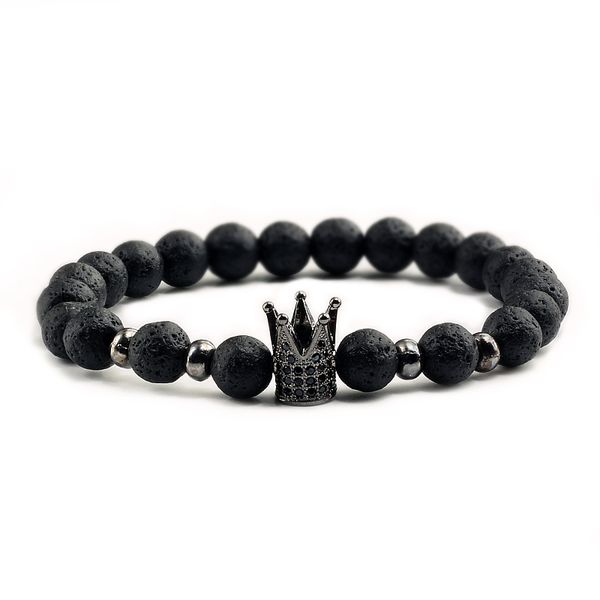

trendy natural lava stone pave cz imperial crown charm bracelets for men women couple beaded bracelet jewelry pulseira hombres, Black