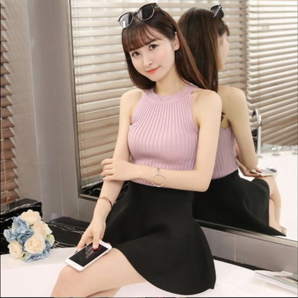 

vertical pattern knitted neck straps female slim shoulder sleeveless base shirt vertical pattern knitted neck straps female slim shoulder sl, White