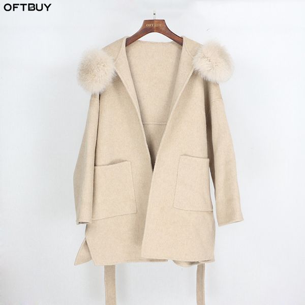 OFTBUY Casaco de pele real jaqueta de inverno feminino solto gola de pele de raposa natural misturas de lã de caxemira streetwear oversize