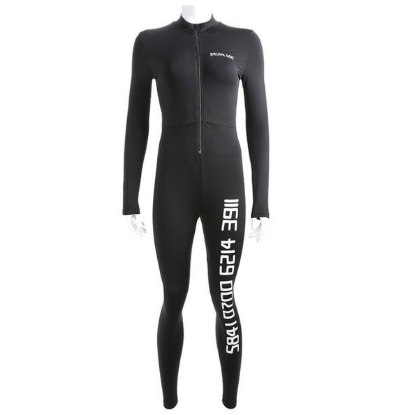 

new slim zipper long sleeve sports print jumpsuit casual tights, Black;white