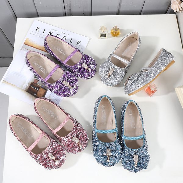

girls pinecess rhinestone pig leather shoes with flat, kids casual & performance shoes with bow-tie, silver, blue, pink & purple, Black;grey