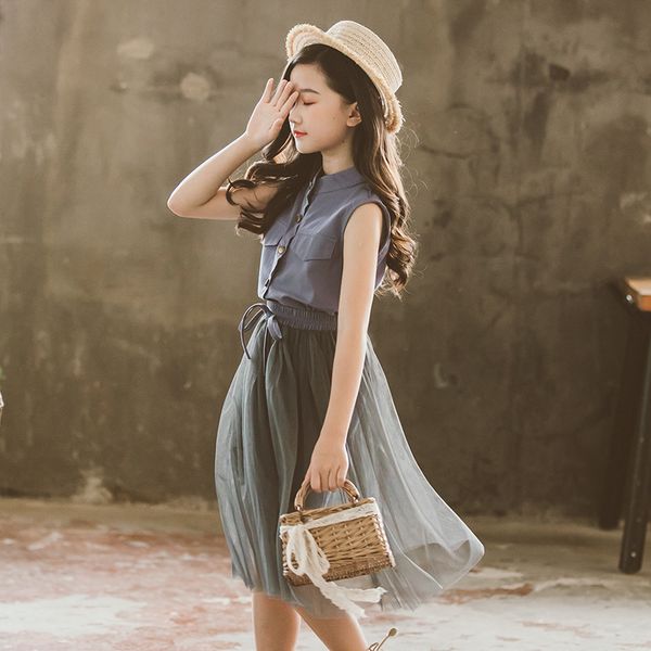 

одежда для девочек наборы детская мода без рукавов джинсовая рубашка + сетка юбка из двух частей набор детский летний костюм девушка наряды, White