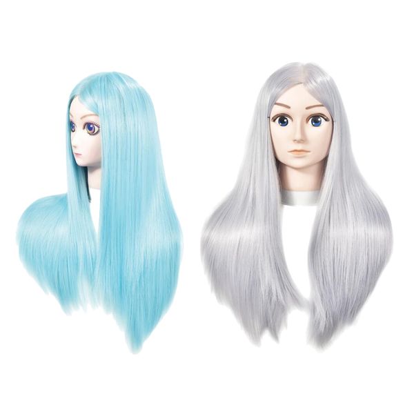 

2x female mannequin head training head dummy model with long straight hair for salon barber, White