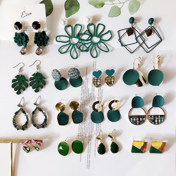 

fashion jewelry green geometric acrylic wood irregular hollow circle square drop earrings metal dangle earrings women jewelry, Silver