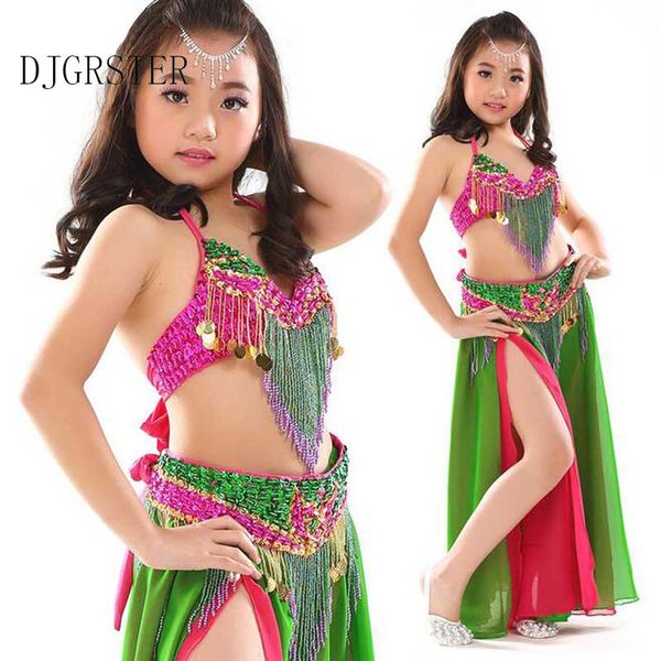 

djgrster stage performance oriental belly dancing clothes 3-pieces suit bra, belt, skirt children belly dance costume for girls, Black;red