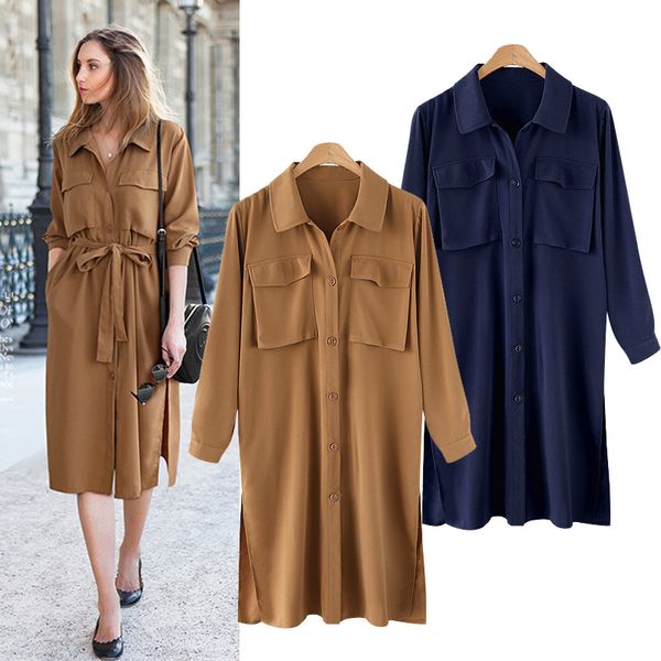 

casual dresses business chic women shirt loose long-sleeve lapel dress spring summer office lady outfit, Black;gray