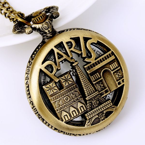 

quartz pocket watch watch hollow eiffel tower castle pocket vintage bronze design floral engraved back case pendant, Slivery;golden
