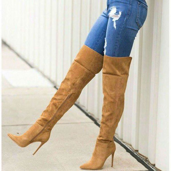 

tan wide calf women long boots pointy toe stiletto heeled thigh high boots for ladies high heels botas zip size 39, Black