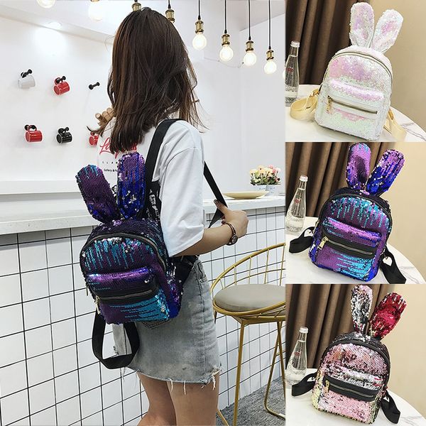 

girl sequined rabbit ear handbag storage bags mermaid sequins backpack travel double shoulders backpacks child school bag 5 color fa2476