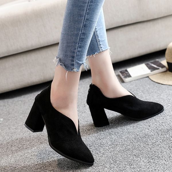 

eoeodoit women shoes pumps spring high square heel pointed toe fashion v mouth deep casual female daily and work shoes, Black