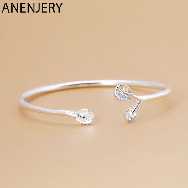 

anenjery simple fashion olive leaf open cuff bangle bracelet 925 sterling silver plant bangle for women girl gifts s-b288, Black