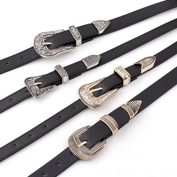

2019 fashion double fashion double buckle buckle carved three-piece set women's belt women's pants belt, Black;brown