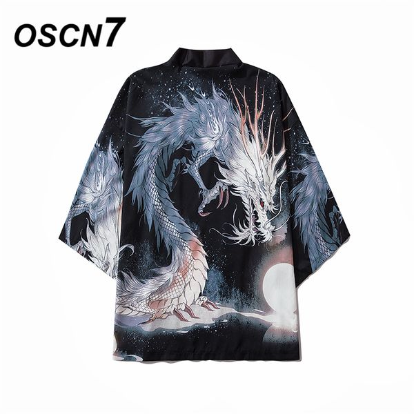 

oscn7 printed kimono cardigan shirt men 2020 japanese streetwear three quarter sleeve coat shirts harujuku mens shirt 6070, White;black