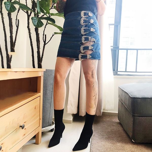 

twotwinstyle denim короткие юбки женский высокой талией выдалбливают кнопки мини женская юбка повседневная мода одежда 2020 весна, Black