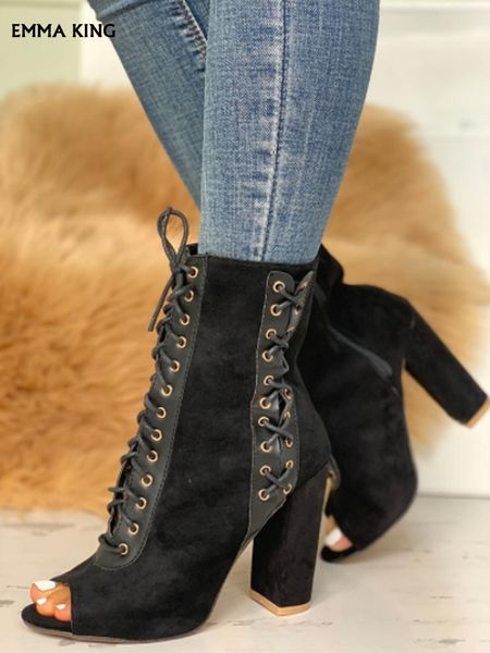 

new fashion women ankle boots suede peep toe lace-up chunky heels high heel 10cm booties pretty heeled plus size botas mujer2019, Black