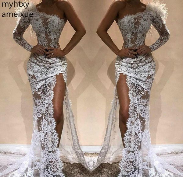 

2019 one long sleeve evening dress dubai front split women wear formal party prom gown custom made one-shoulder plus size, White;black