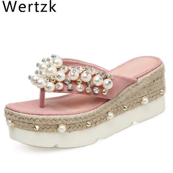 

new summer sandals womn string bead crystal flip flops rivets platform wedges shoes ladies slippers flock beach sandals j021, Black