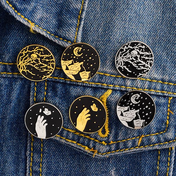 

урожай punk стиль круглый moon star metal kawaii эмаль pin badge кнопки брошь рубашка denim jacket сумка декоративные броши для женщин мужчи, Gray