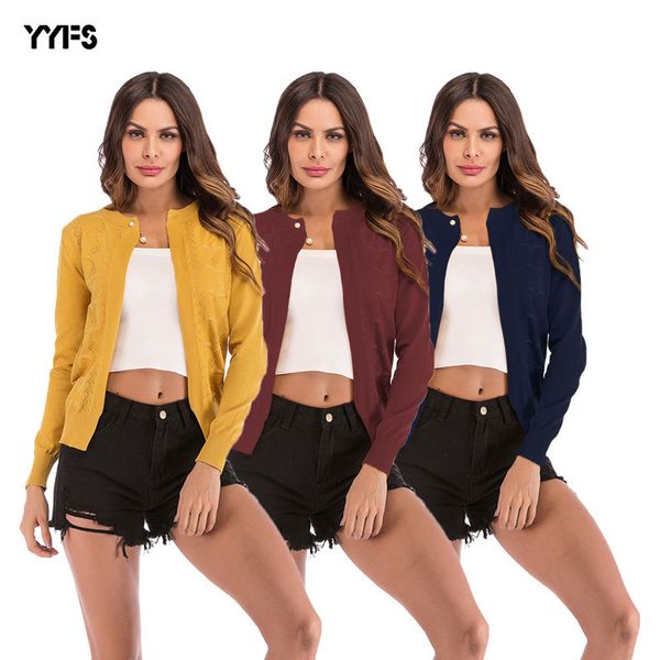 

женский дизайнерский свитер осень полый сплошной цвет вязаный кардиган круглый вырез жемчужная пряжка рубашка womenpled, White;black