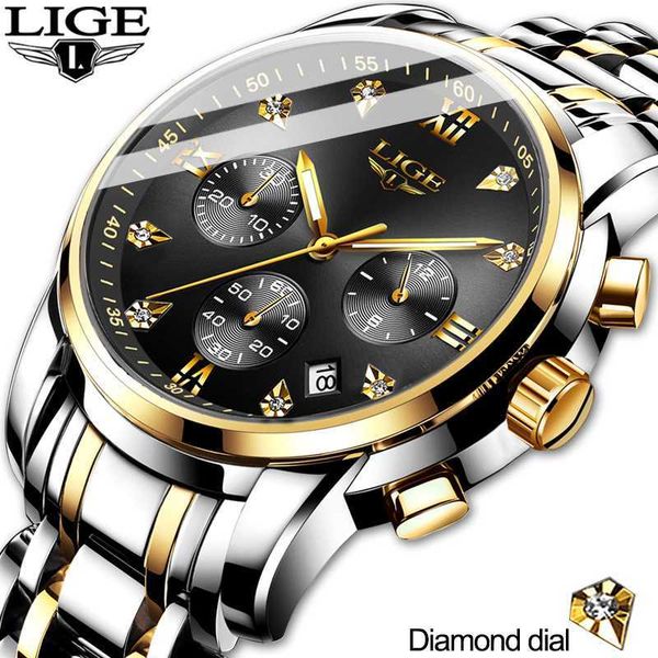 

2020 lige mens watches sports chronograph waterproof analog 24 hour date quartz watch men full steel wrist watches clock, Slivery;brown