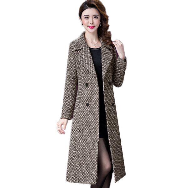 

classic coat woolen coat female new autumn winter large size suit collar womens double-breasted long lattice wool 5xl, Black
