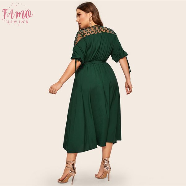 

plus size v neck contrast mesh dress women elegant cuff lace up belted dresses summer half sleeve midi dress, Black;gray