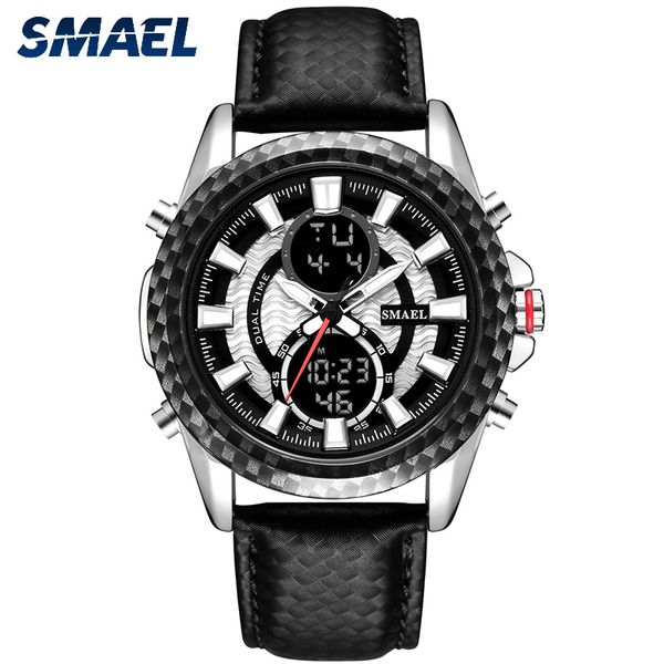 

smael fashion men's quartz watch chronograph date luminous hand dual display time waterproof pu leather strap wristwatch for man, Slivery;brown