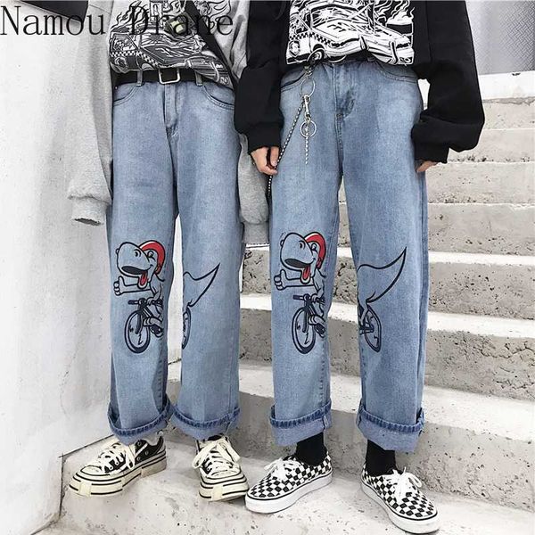 

новые джинсы для женщин harajuku мультфильм джинсы cute dinosaur сыпучие высокой талией брюки хлопок брюки женские streetwear комбинезоны, Blue